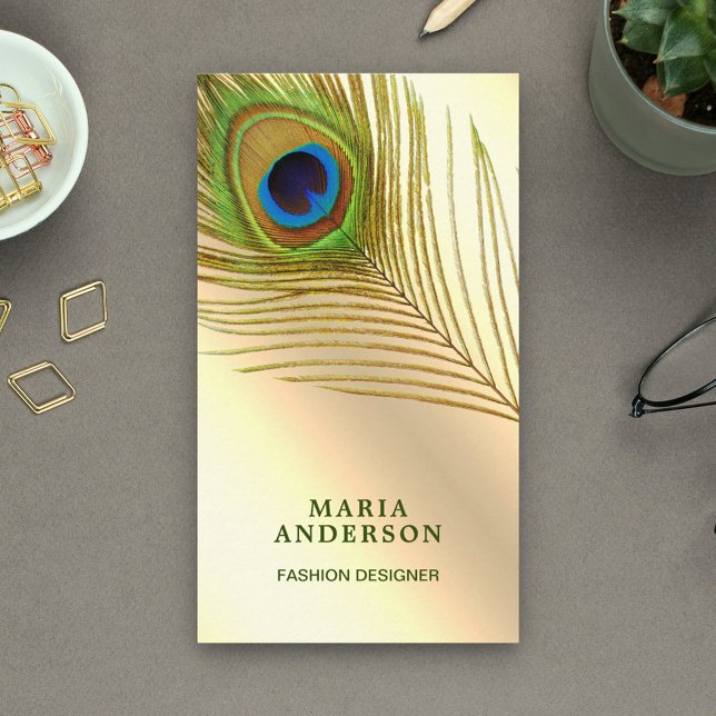 Faux Cream Gold Foil Green Indian Peacock Feather Business Card (Creator Uploaded)