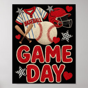 Faux Crochet Baseball Spirit Red Hearts Chequered Poster