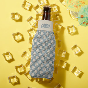 Faux Crochet Blue and Cream Pattern Bottle Cooler