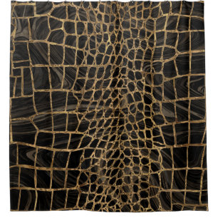 Faux Crocodile Black Liquid Marble and gold Shower Curtain