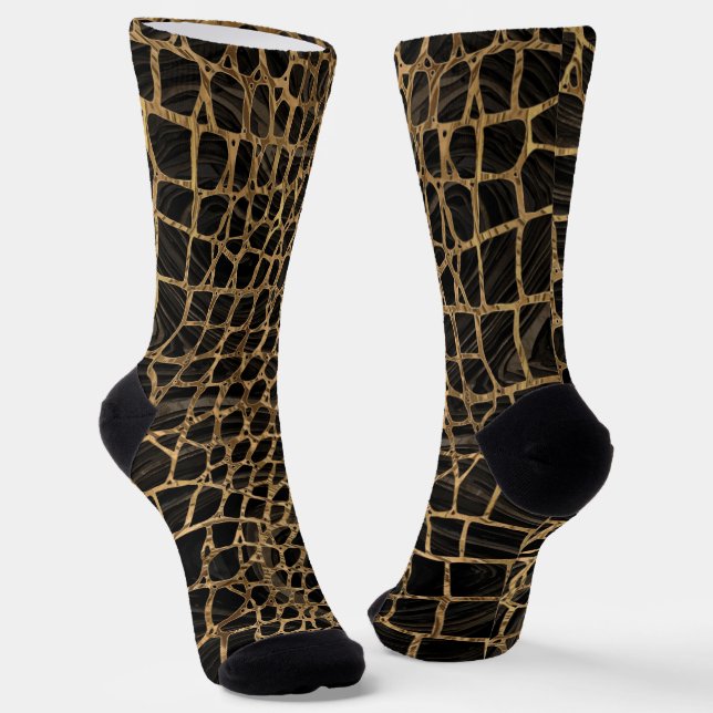 Faux Crocodile Black Liquid Marble and gold  Socks (Angled)