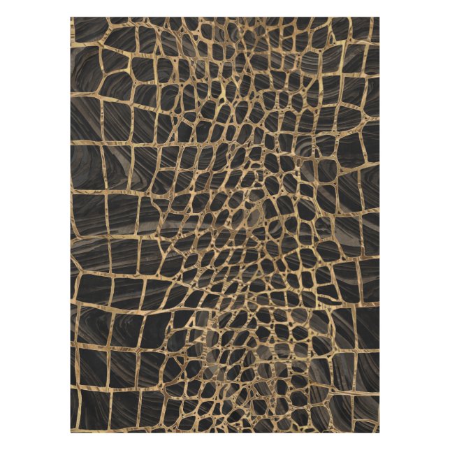 Faux Crocodile Black Liquid Marble and gold Tablecloth (Front)