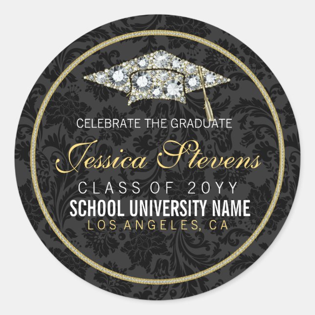 Faux Damions And Gold Graduation Hat 2a Classic Round Sticker (Front)