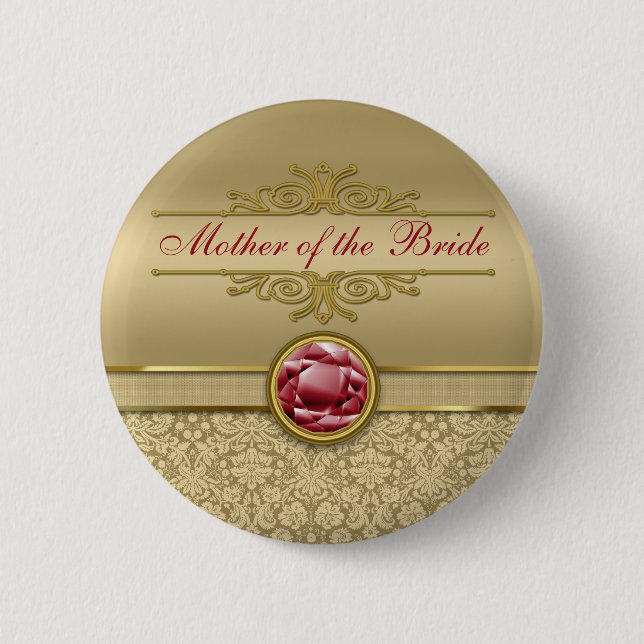 Faux Dark Ruby Red Gemstone Metallic Gold Damask 6 Cm Round Badge (Front)