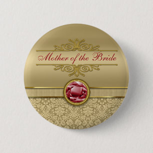 Faux Dark Ruby Red Gemstone Metallic Gold Damask 6 Cm Round Badge
