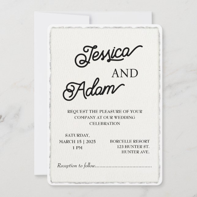 Faux Deckle Edge Paper Invitation Script Wedding (Front)