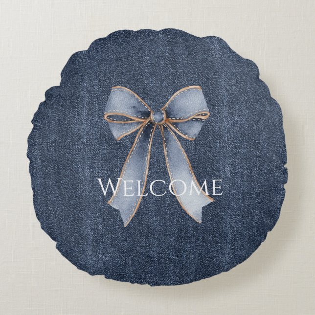 Faux Denim Blue Jean Bow Round Cushion (Front)