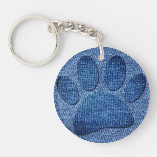 Faux Denim Jeans Dog Paw Print Acrylic Keychain (Front)