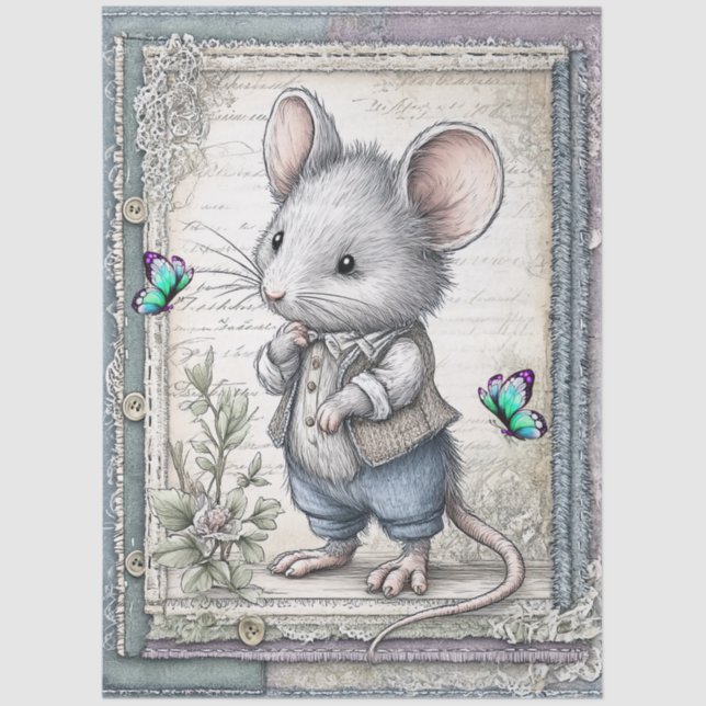 Faux Denim & Lace Fantasy Mouse Decoupage Tissue Paper (Front)