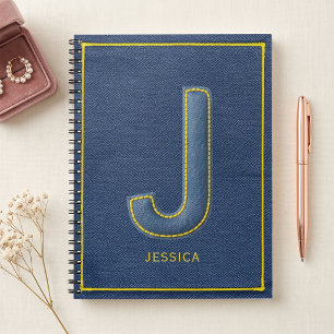 Faux Denim Yellow Stitch Monogram J Name Notebook