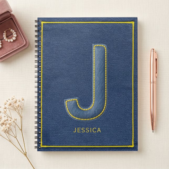 Faux Denim Yellow Stitch Monogram J Name Notebook (Creator Uploaded)