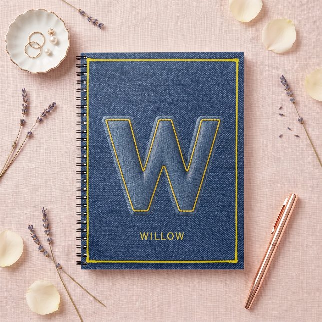 Faux Denim Yellow Stitched Monogram Letter W Notebook (Creator Uploaded)