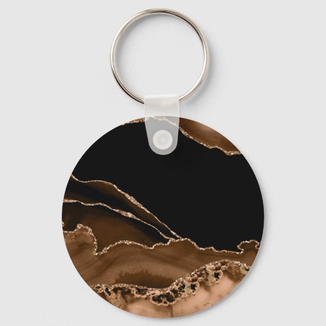 Faux Desert Brown Marbled Agate Contemporary Stone Key Ring (Front)