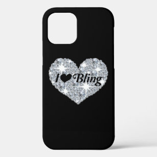 Faux diamond heart I Love Bling design black iPhone 12 Case