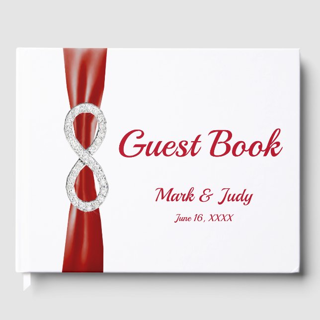 Faux Diamond Infinity Red Ribbon Wedding Guestbook (Front)