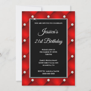 Faux Diamond Tufted Bright Red 21st Birthday Invitation