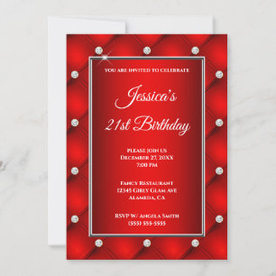 Faux Diamond Tufted Bright Red Ombre 21st Birthday Invitation