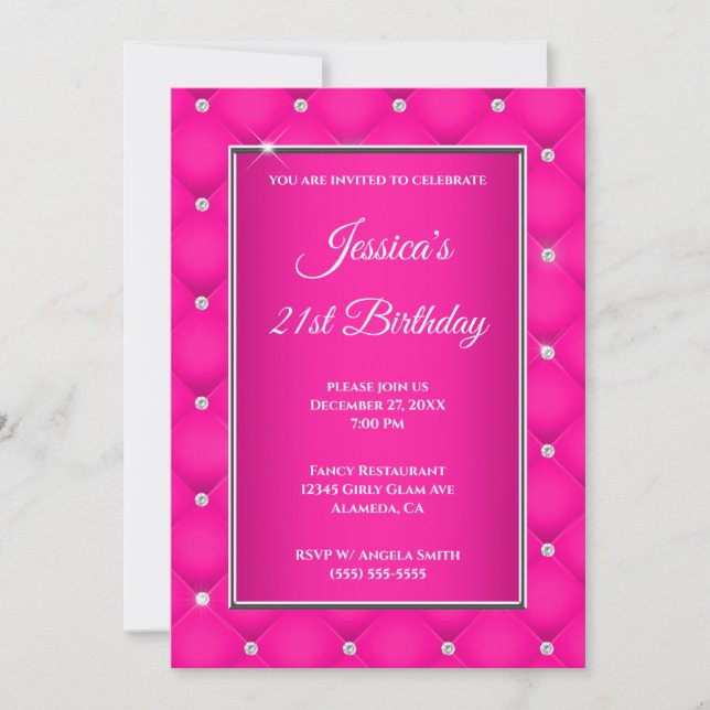 Faux Diamond Tufted Hot Pink Ombre 21st Birthday Invitation (Front)