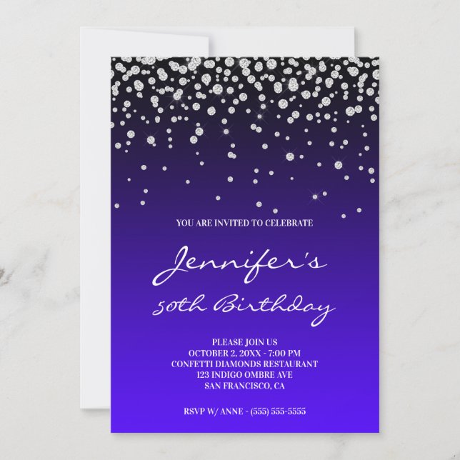 Faux Diamonds Black Indigo Ombre 50th Birthday Invitation (Front)