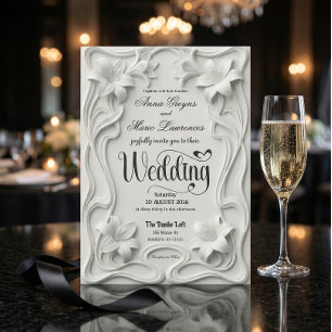 Faux Embossed 3D Floral Frame Pearl Wedding  Invitation