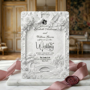 Faux Embossed 3D White Rose Floral Relief Wedding  Invitation