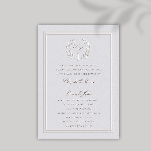 Faux Embossed Anchor Wreath Classic Formal Wedding Invitation (nautical wedding invitation modern classic formal traditional faux embossed anchor crest monograms)
