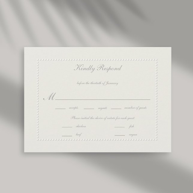 Faux Embossed Beaded Ecru Formal Wedding Meal RSVP (formal wedding reply card meal choice rsvp response faux embossed beaded frame ecru linen classic)