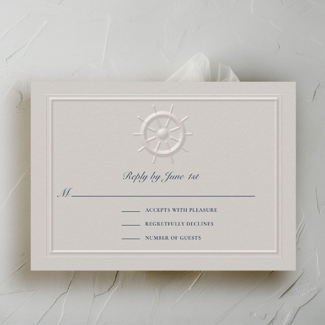 Faux Embossed Boat Helm Coastal Wedding Response (nautical wedding rsvp card faux embossed boat helm double frame modern classic navy ivory)