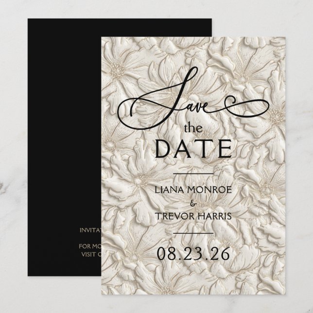 Faux Embossed Cream Floral Wedding Save The Date (Front/Back)