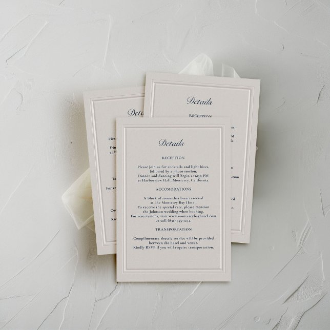 Faux Embossed Double Frame Formal Wedding Details Enclosure Card (coastal wedding details card faux embossed double frame modern classic elegant formal nautical)