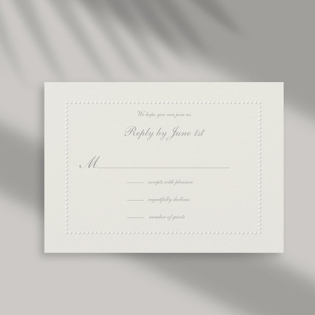 Faux Embossed Ecru Beaded Formal Wedding Response (formal wedding reply card rsvp response faux embossed beaded frame ecru linen classic traditional)