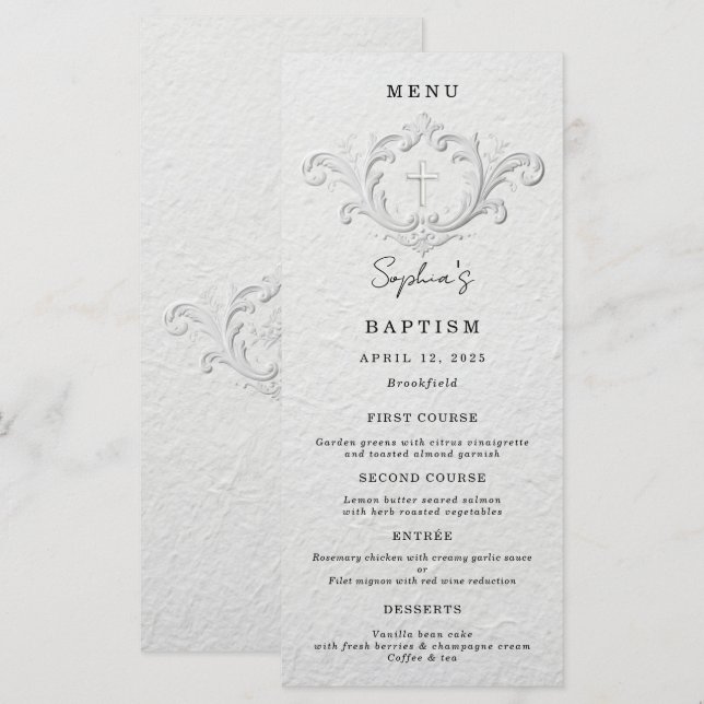 Faux Embossed Floral Baptism Flat Menu (Front/Back)