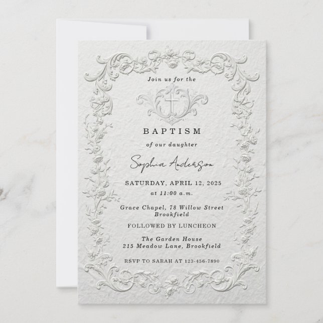 Faux Embossed Floral Baptism Invitation (Front)
