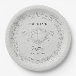 Faux Embossed Floral Baptism Paper Plate