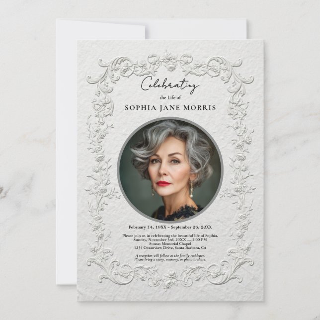 Faux Embossed Floral Funeral Invitation (Front)