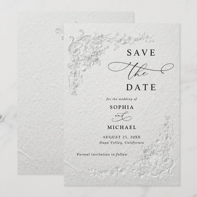 Faux Embossed Floral Wedding Save the Date  I Invitation (Front/Back)