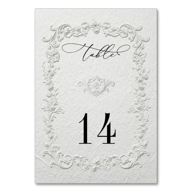 Faux Embossed Floral Wedding Table Numbers (Front)