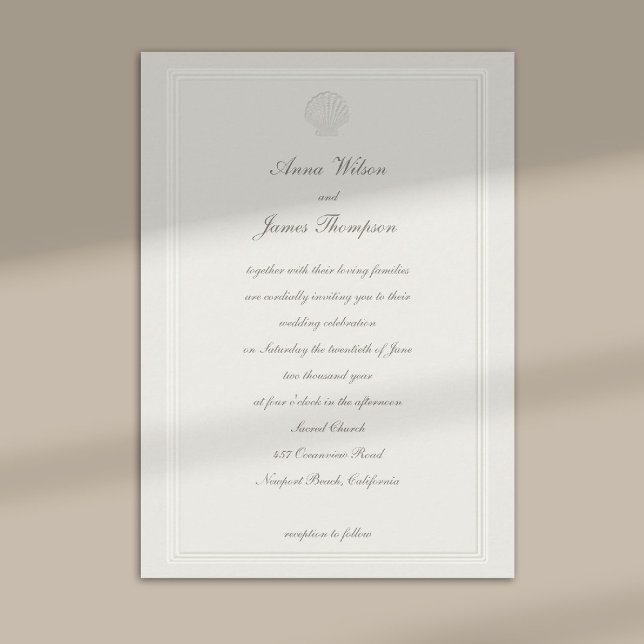 Faux Embossed Frame Seashell Ecru Formal Wedding Invitation (nautical coastal wedding invitation modern classic formal traditional elegant shell ecru frame)