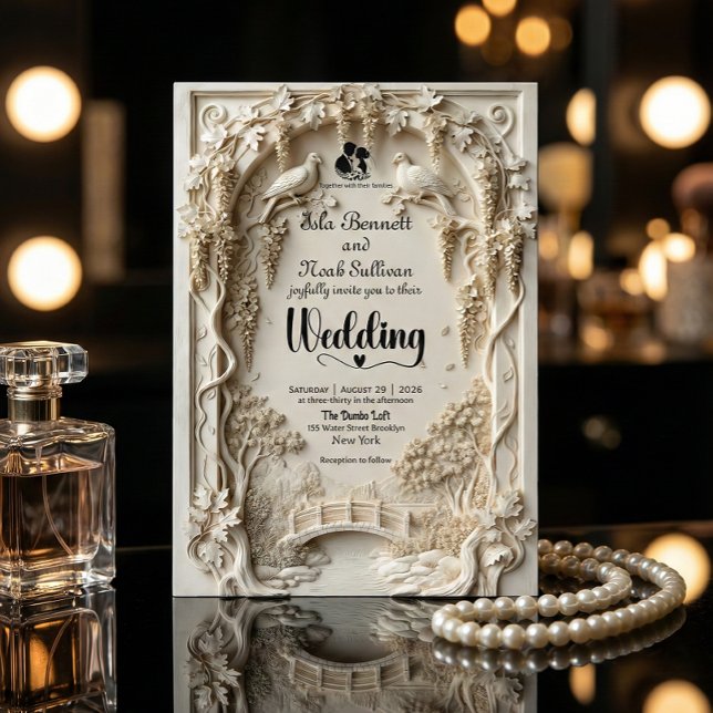 Faux Embossed Ivory Floral Scenic Relief Wedding Invitation (Creator Uploaded)