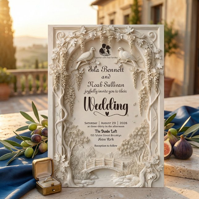 Faux Embossed Ivory Floral Scenic Relief Wedding Invitation (Creator Uploaded)