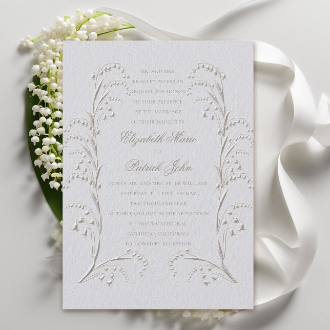 Faux Embossed Lily Valley Ivory Formal Wedding Invitation (formal wedding invitation classic traditional faux embossed lily of the valley frame ivory)