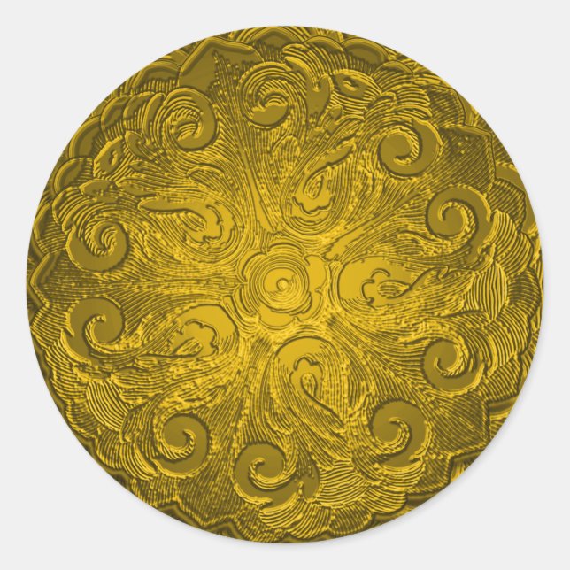 Faux Embossed Look Ornate Seal, Gold Classic Round Sticker (Front)