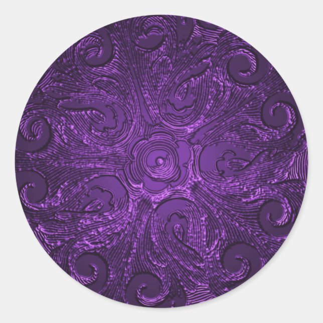 Faux Embossed Look Ornate Seal, Purple Classic Round Sticker (Front)