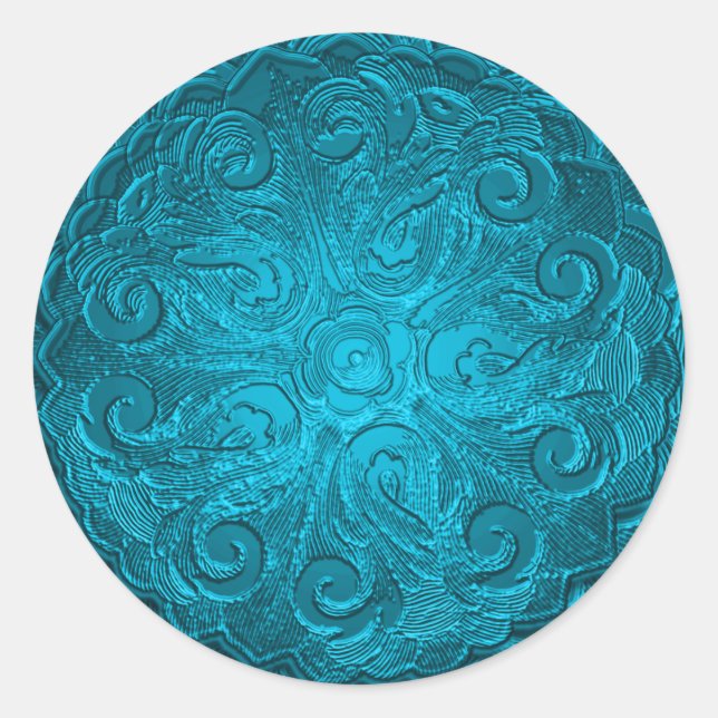 Faux Embossed Look Ornate Seal, Turquoise Classic Round Sticker (Front)