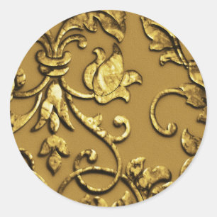 Faux Embossed Metallic Damask, Gold Classic Round Sticker