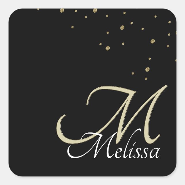Faux Embossed Monogram and Gold Confetti Square Sticker (Front)