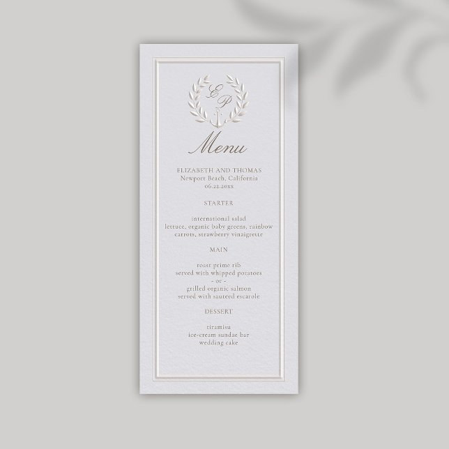 Faux Embossed Nautical Anchor Ivory Formal Wedding Menu (nautical wedding menu modern classic formal traditional faux embossed anchor crest monograms)