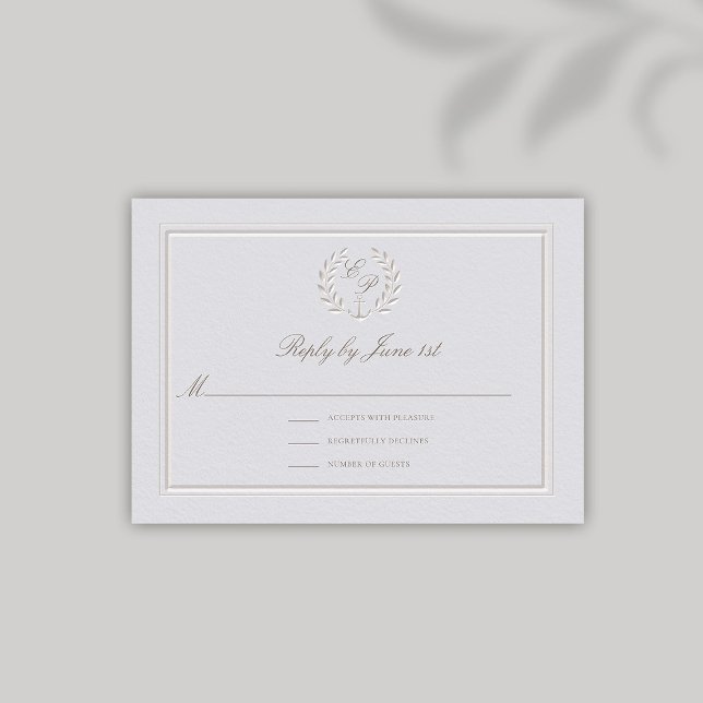 Faux Embossed Nautical Anchor Wedding Response (nautical wedding RSVP modern classic formal traditional faux embossed anchor crest monograms)