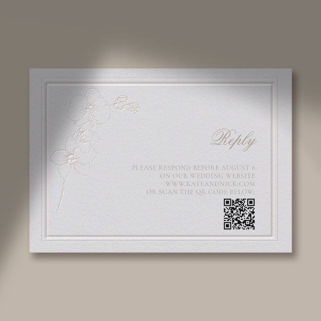 Faux Embossed Orchid Frame Ivory Reply Wedding QR Enclosure Card (traditional wedding response card qr rsvp reply orchid faux embossed elegant classic ivory)