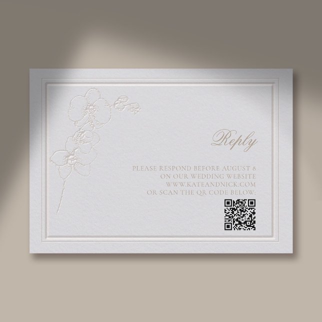 Faux Embossed Orchid Frame Ivory Reply Wedding QR RSVP Card (traditional wedding response card qr rsvp reply orchid faux embossed elegant classic)